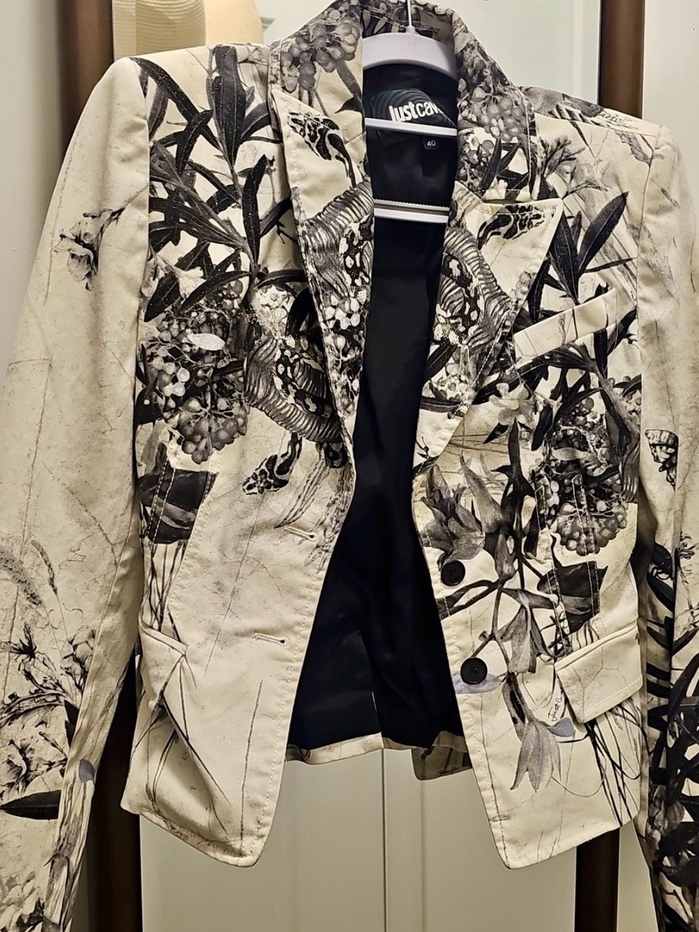 Just Cavalli Botanical Skull Print Tailored Blazer Cream Black EU 40